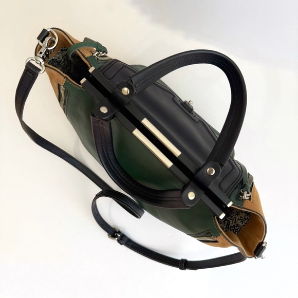 REBECCA MINKOFF BLACK GREEN LEATHER TAN SUEDE FRONT POCKET SIDE ZIPPERS PURSE - Picture 6 of 12
